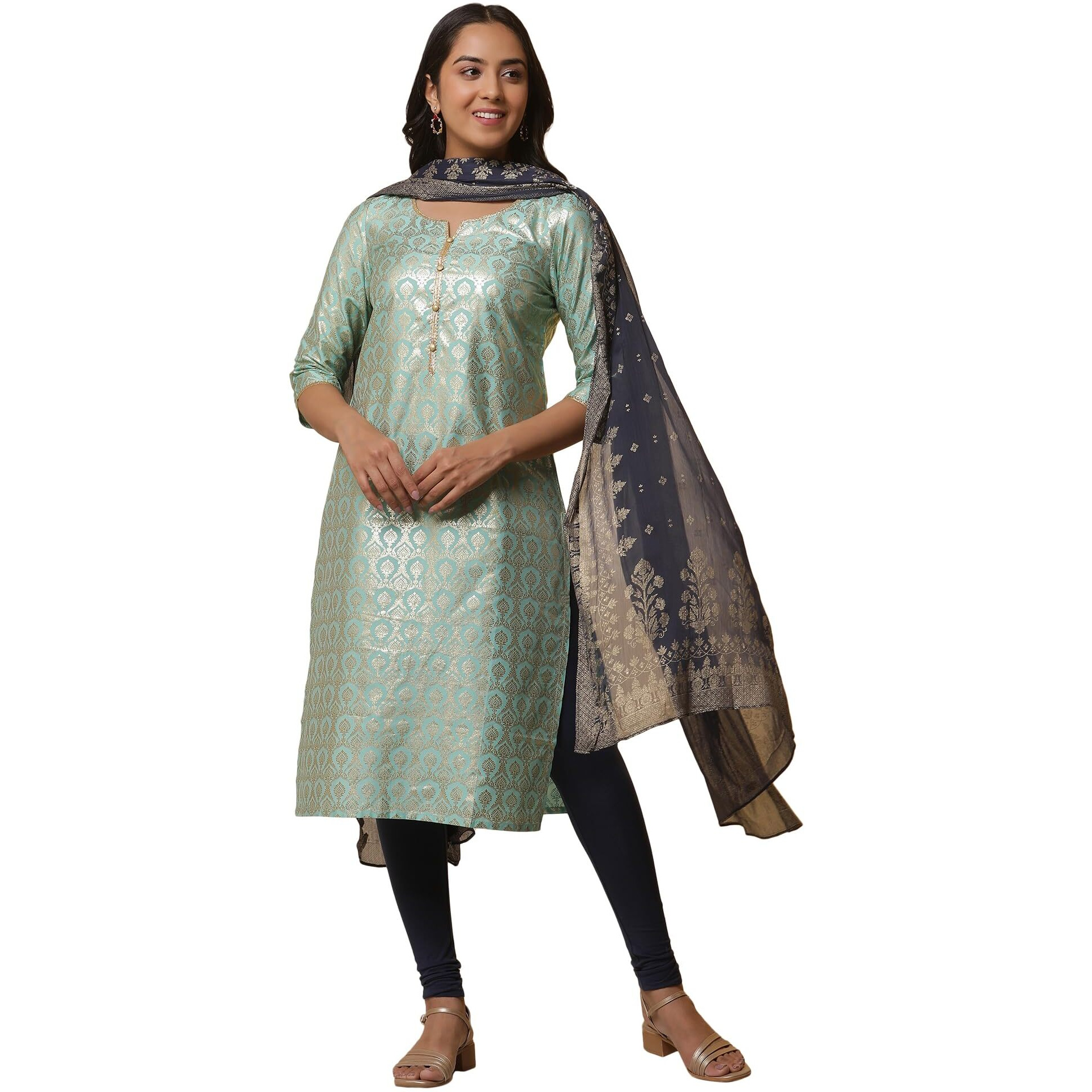 Aurelia Womens Ornamental Straight Kurta Set With Leggings And Dupatta For Women