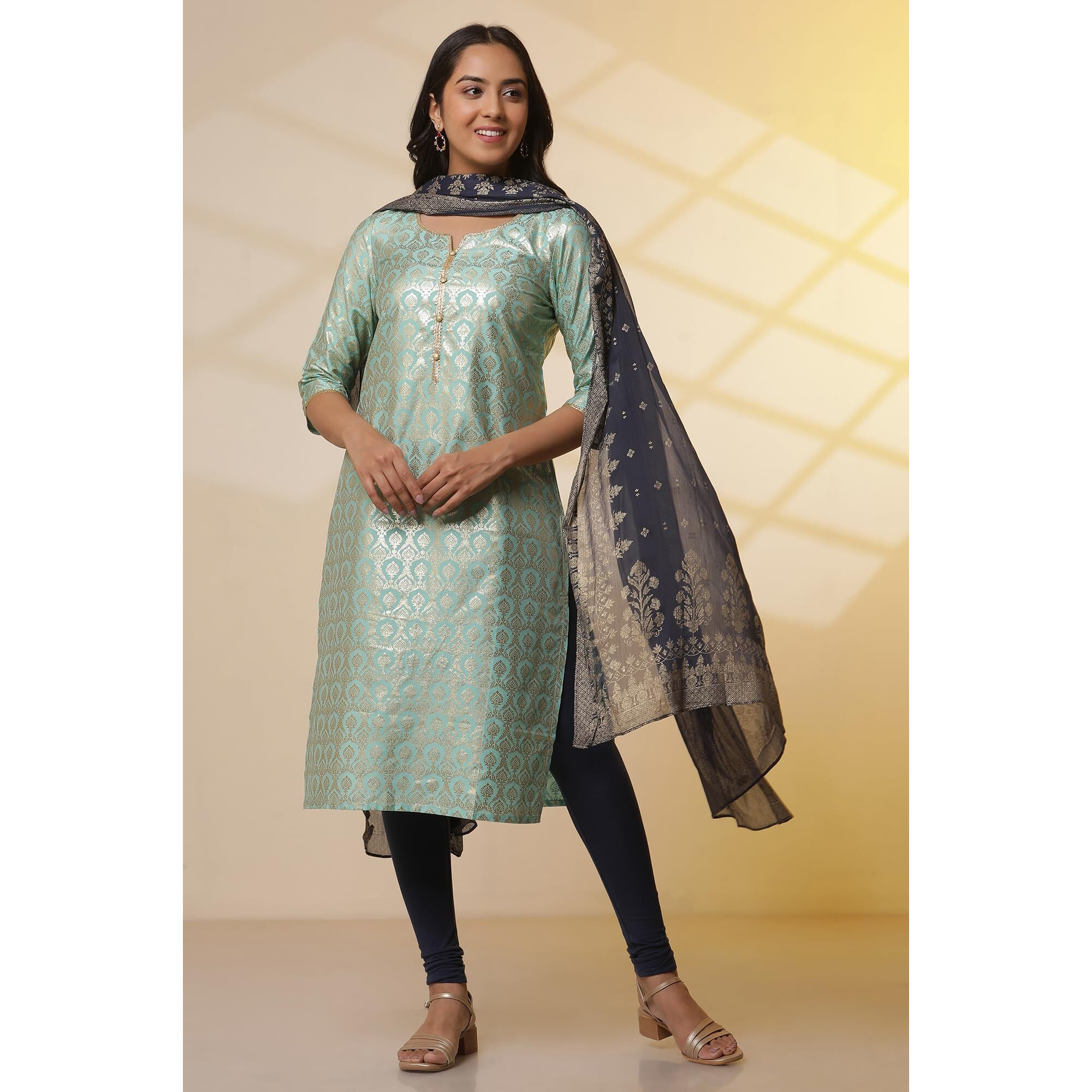 Aurelia Womens Ornamental Straight Kurta Set With Leggings And Dupatta For Women