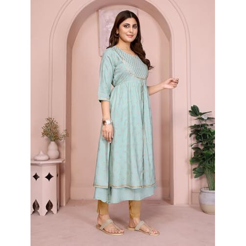 Rangita Light Green Rayon Flared Embellished Calf Length Kurti | Kurta For Women_3Xl