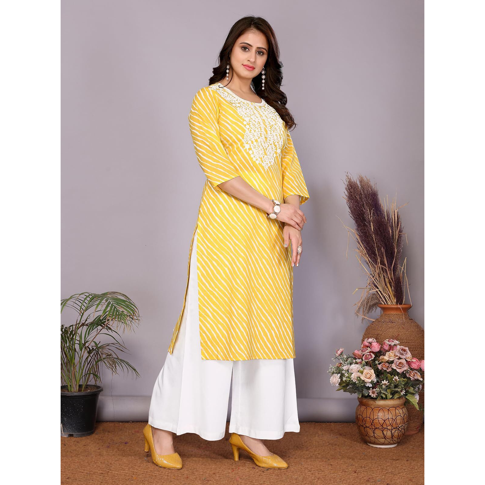 Rangita Yellow Cotton Straight Embroidered Calf Length Kurti | Kurta For Women_Xl