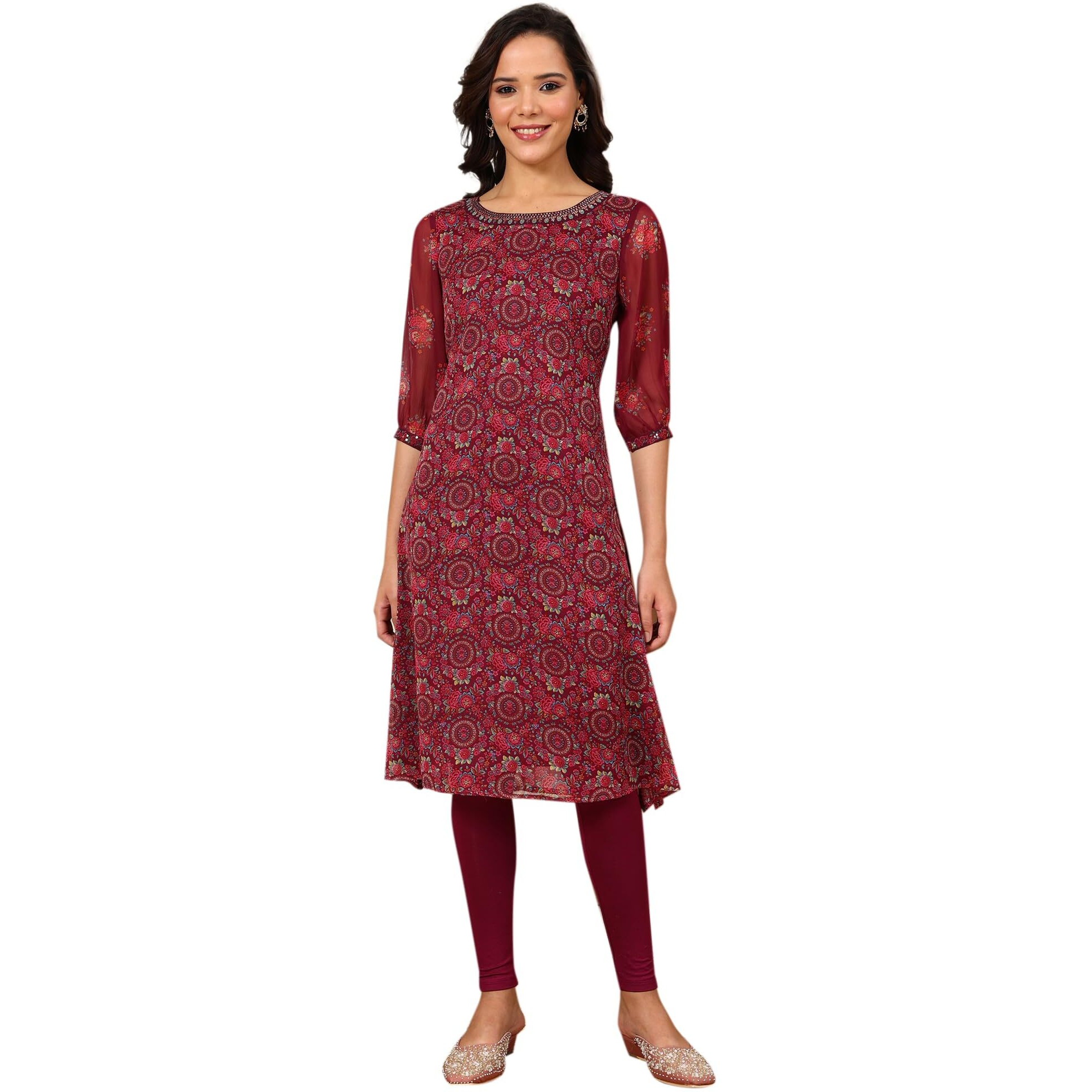 Wine Floral Printed Dori Embroidered Chiffon Kurta With Attached Lining_24Auw11770-125011_2Xl