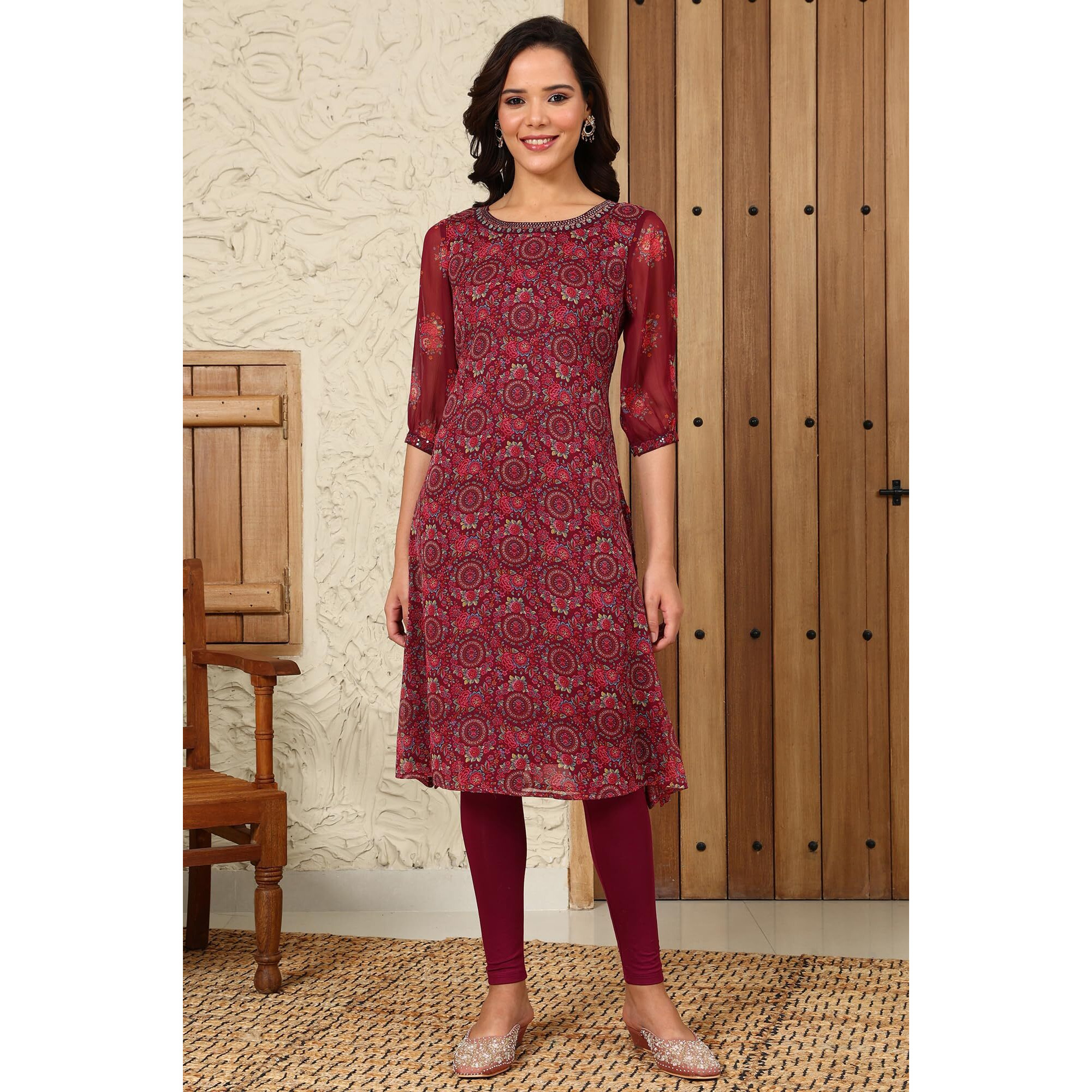 Wine Floral Printed Dori Embroidered Chiffon Kurta With Attached Lining_24Auw11770-125011_2Xl