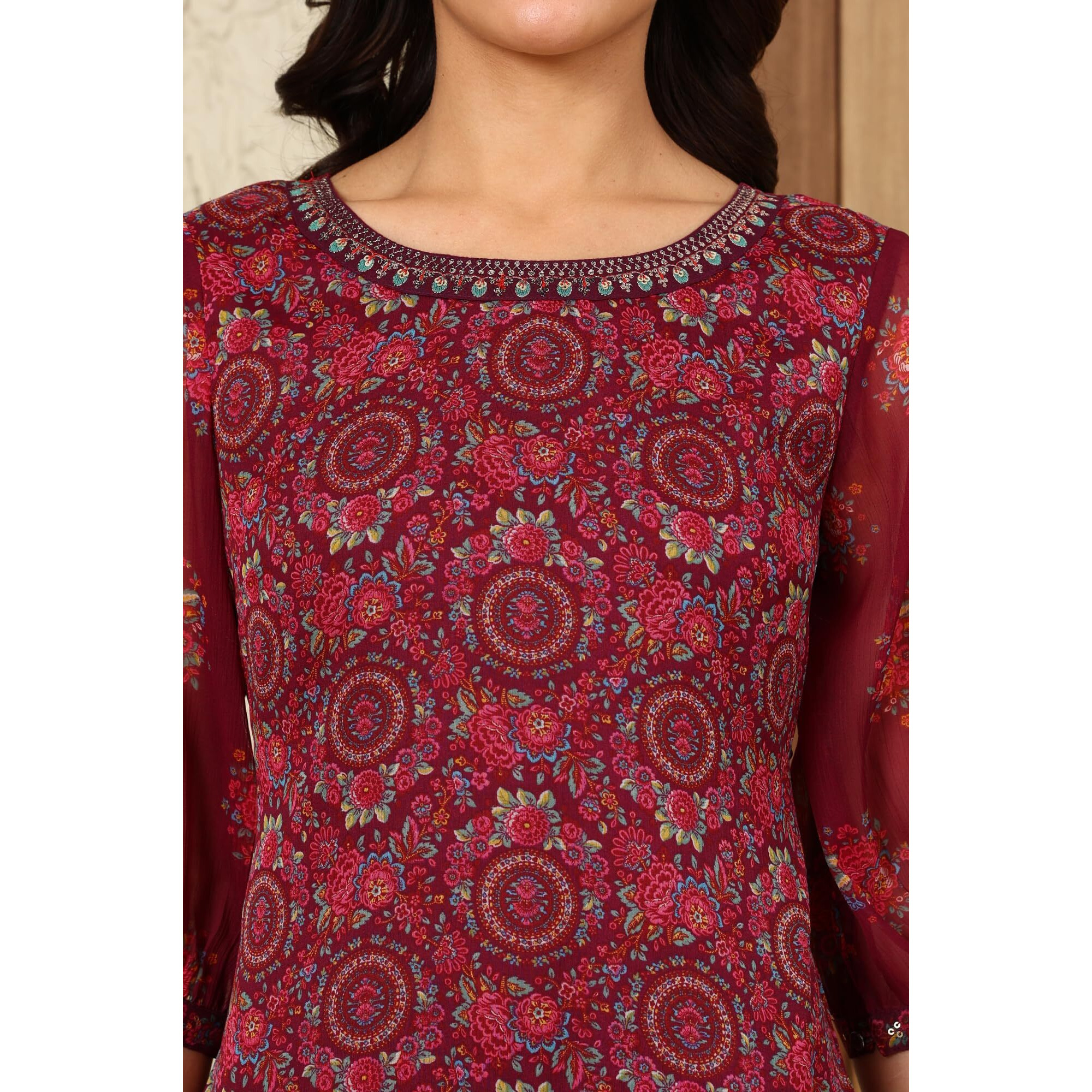 Wine Floral Printed Dori Embroidered Chiffon Kurta With Attached Lining_24Auw11770-125011_2Xl