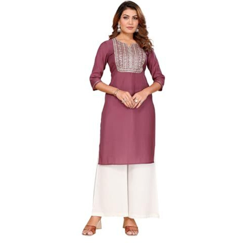 Rangita Mauve Viscose Poly Straight Embroidered Calf Length Kurti | Kurta For Women_Xl