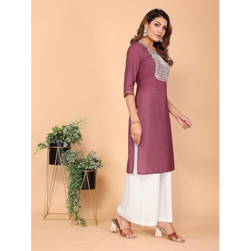 Rangita Mauve Viscose Poly Straight Embroidered Calf Length Kurti | Kurta For Women_Xl