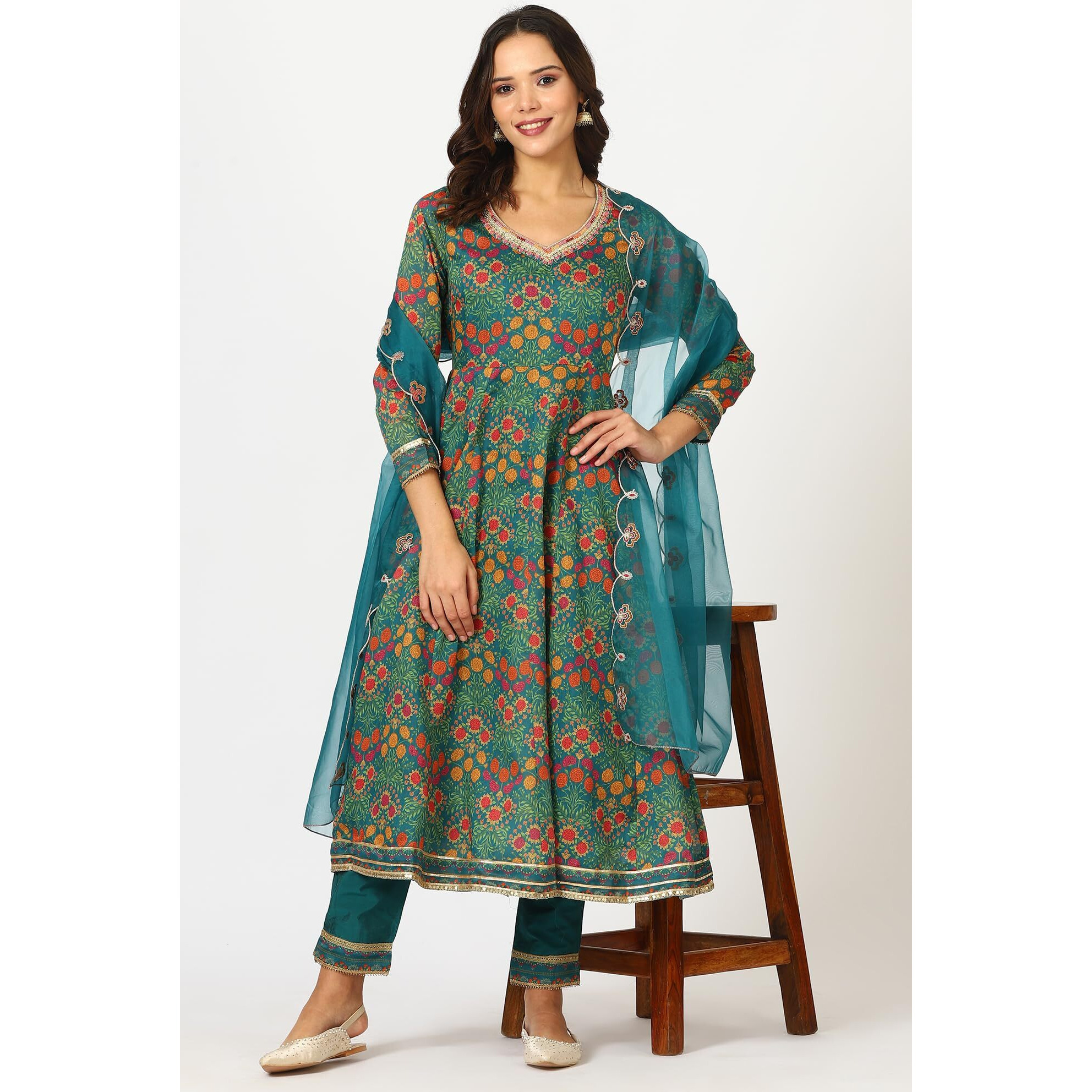 W For Woman Teal Blue Floral Printed Flared Chanderi Embroidered Kurta, Pants And Dupatta Set (Size M)-24Auws11762-124655