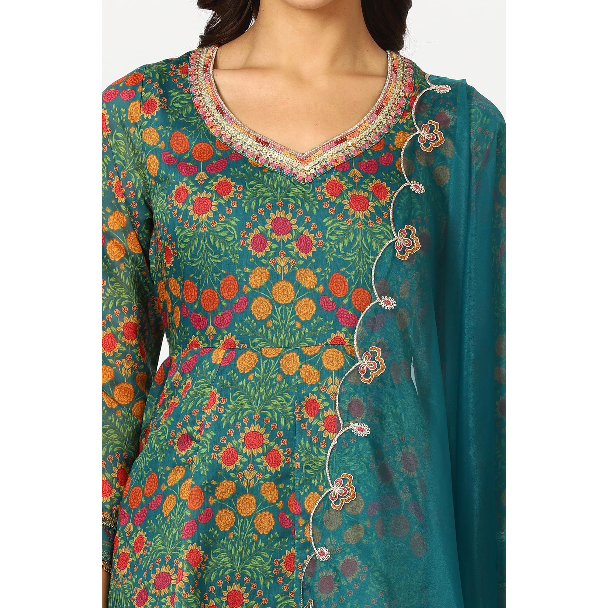 W For Woman Teal Blue Floral Printed Flared Chanderi Embroidered Kurta, Pants And Dupatta Set (Size M)-24Auws11762-124655
