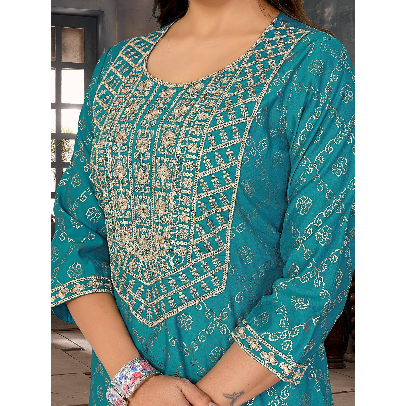 Rangita Teal Viscose Blend A-Line Embroidered Calf Length Kurti | Kurta For Women_L
