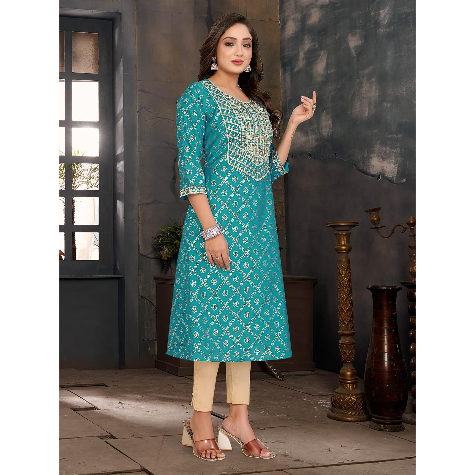 Rangita Teal Viscose Blend A-Line Embroidered Calf Length Kurti | Kurta For Women_L