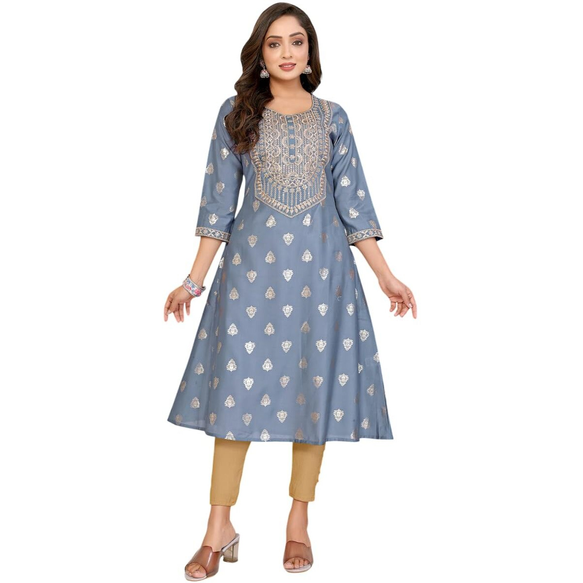 Rangita Grey Viscose Blend A-Line Embroidered Calf Length Kurti | Kurta For Women_M