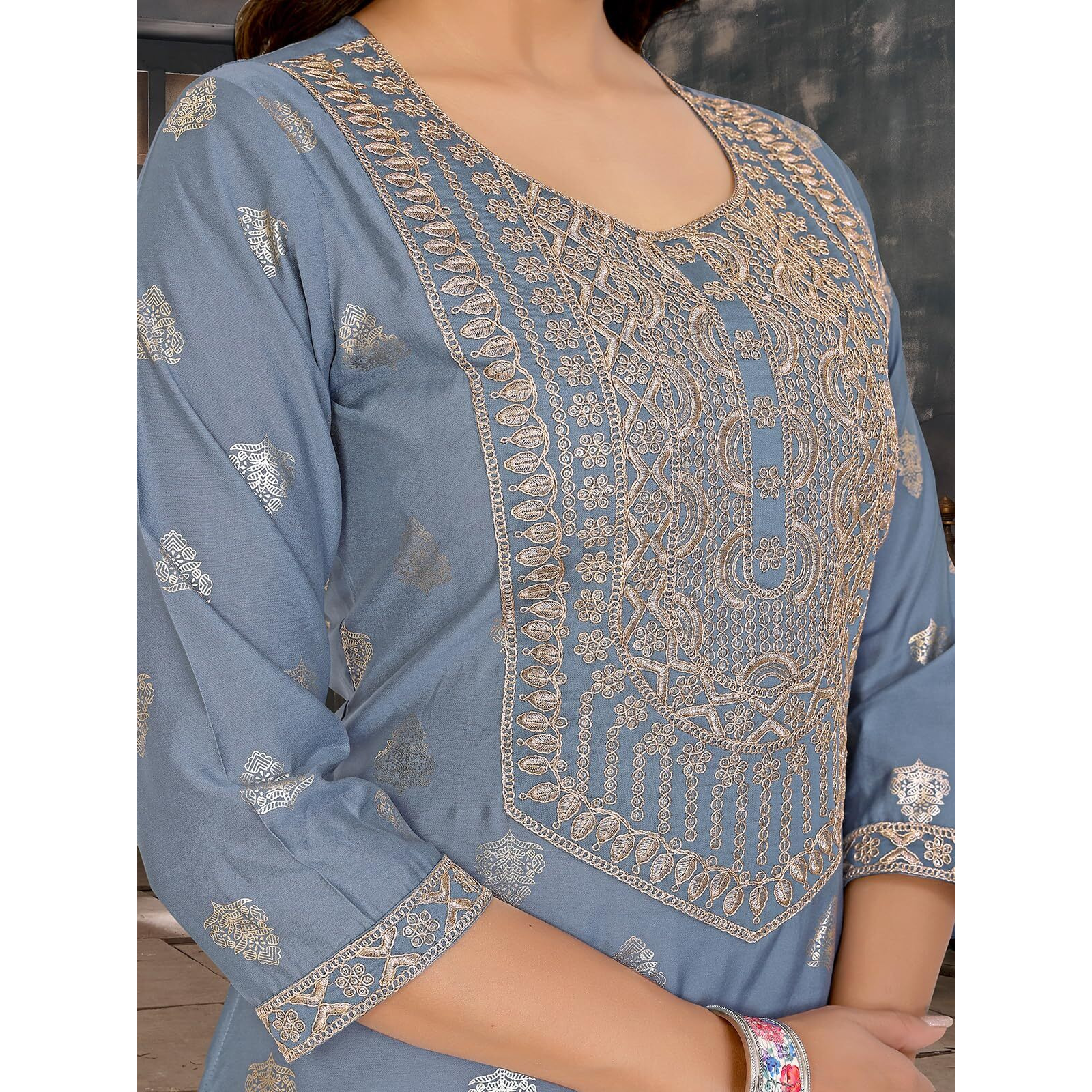 Rangita Grey Viscose Blend A-Line Embroidered Calf Length Kurti | Kurta For Women_M