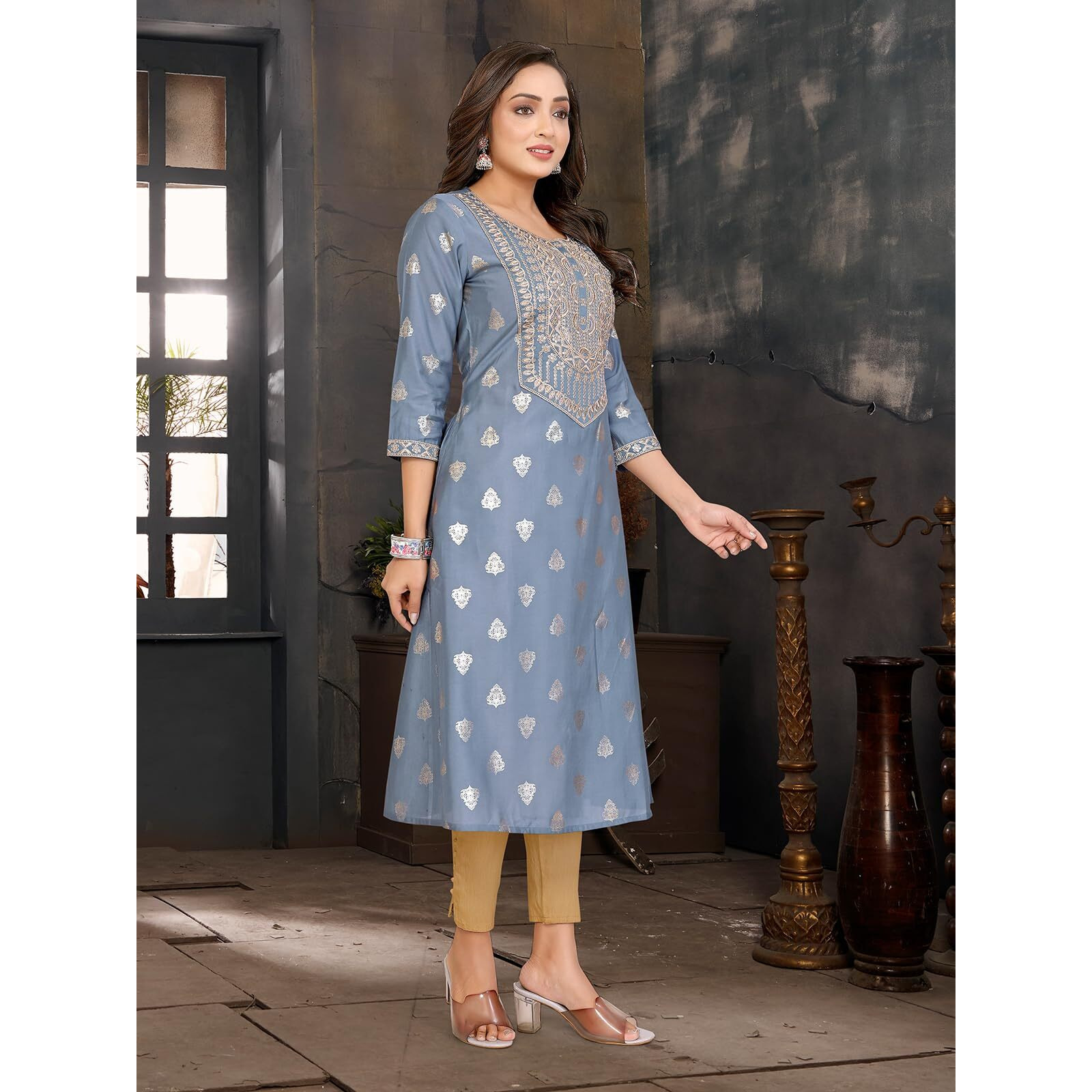 Rangita Grey Viscose Blend A-Line Embroidered Calf Length Kurti | Kurta For Women_M