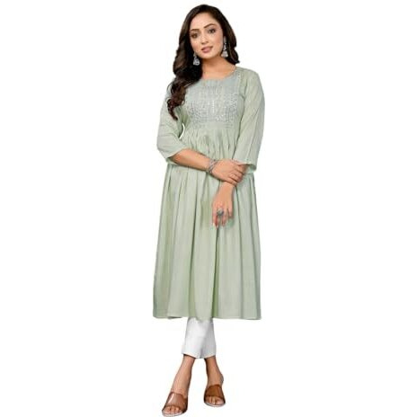 Rangita Light Green Rayon Flared Embroidered Calf Length Kurti | Kurta For Women_S