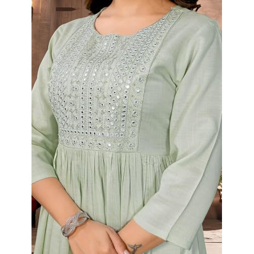 Rangita Light Green Rayon Flared Embroidered Calf Length Kurti | Kurta For Women_S