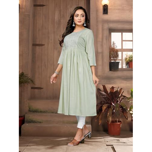 Rangita Light Green Rayon Flared Embroidered Calf Length Kurti | Kurta For Women_S