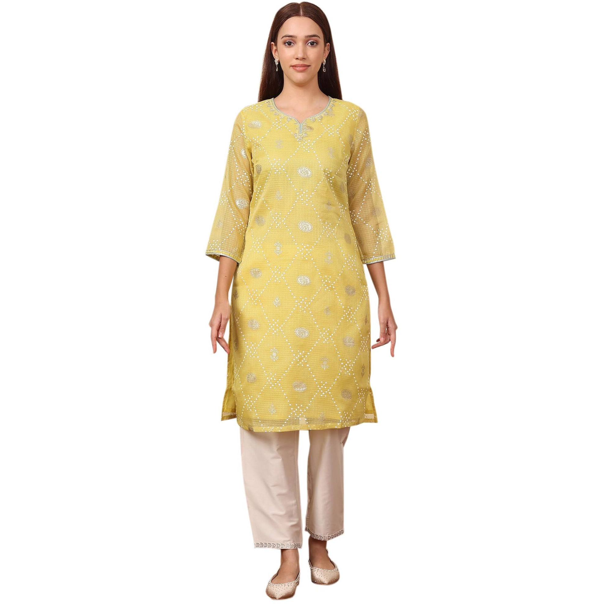 W For Woman Yellow Foil Printed Kota Doriya Kurta With Zari Embroidered Neck (Size Xxl)-24Auw11733-124504