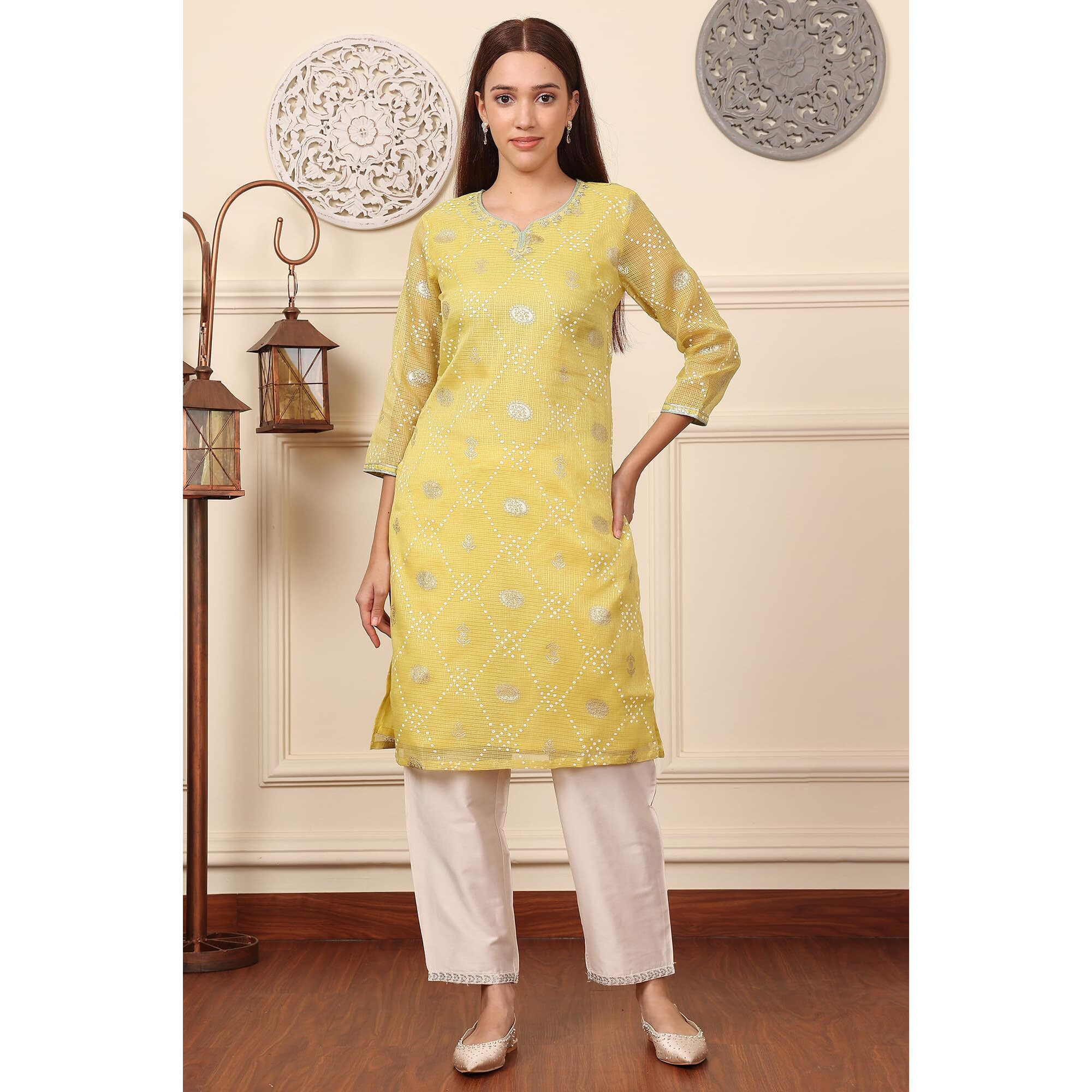 W For Woman Yellow Foil Printed Kota Doriya Kurta With Zari Embroidered Neck (Size Xxl)-24Auw11733-124504