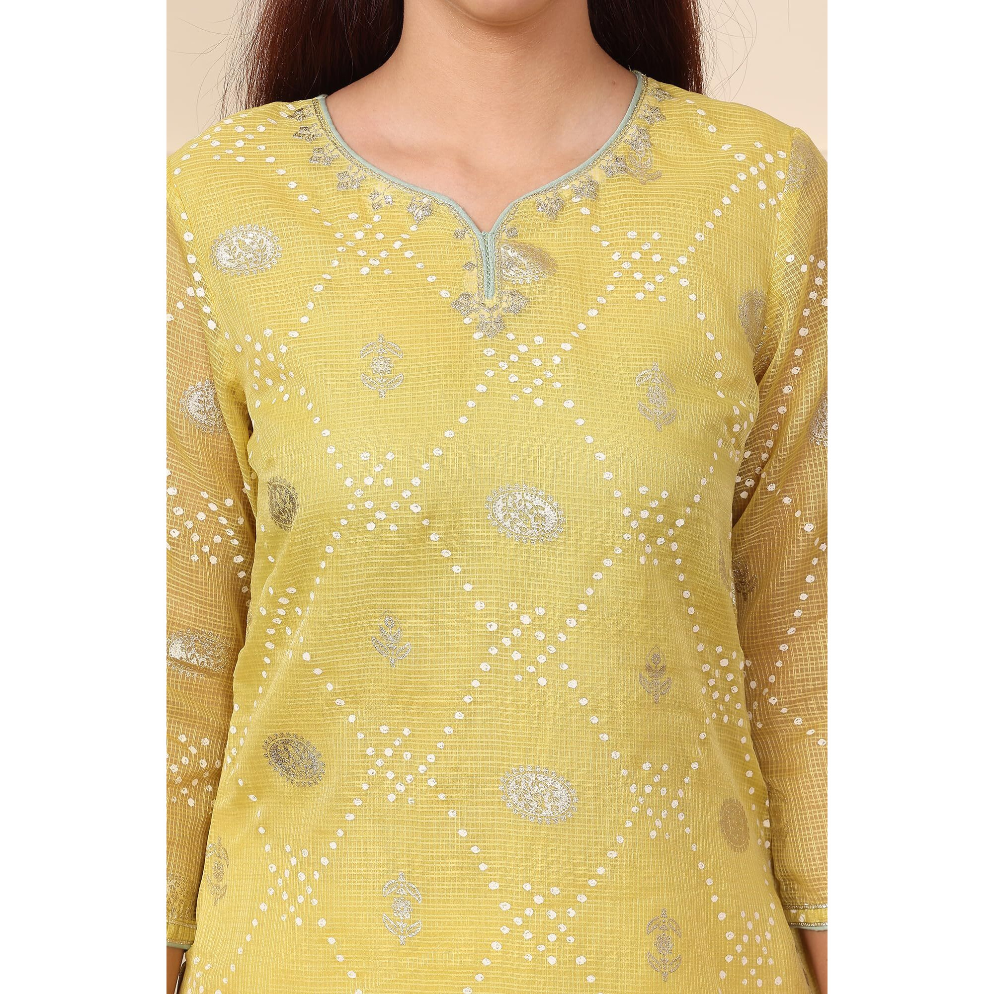 W For Woman Yellow Foil Printed Kota Doriya Kurta With Zari Embroidered Neck (Size Xxl)-24Auw11733-124504