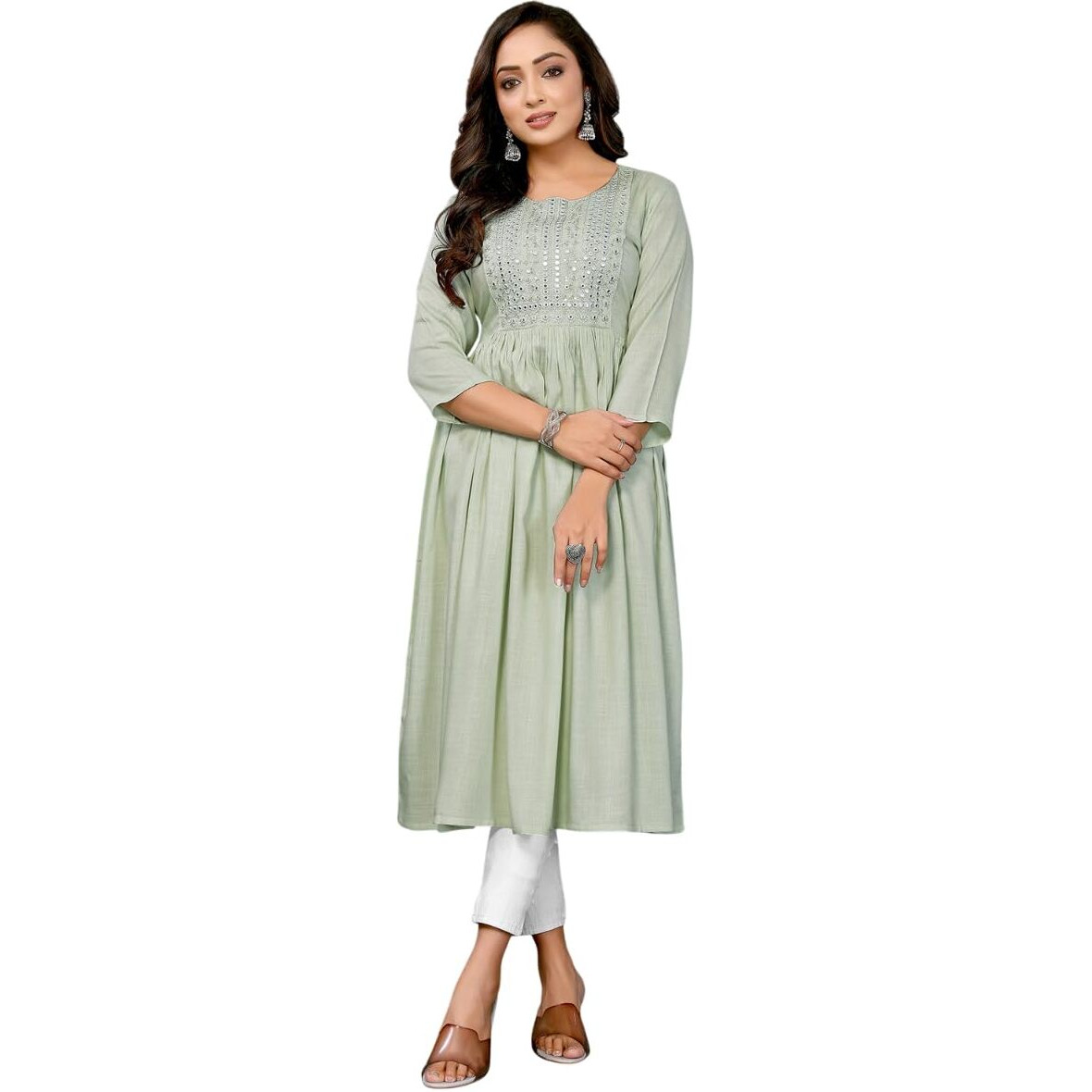 Rangita Light Green Rayon Flared Embroidered Calf Length Kurti | Kurta For Women_Xl