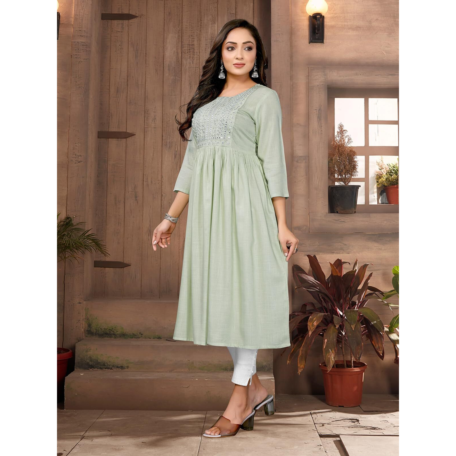 Rangita Light Green Rayon Flared Embroidered Calf Length Kurti | Kurta For Women_Xl