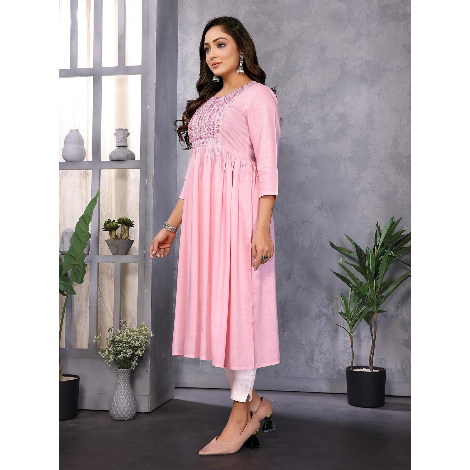 Rangita Pink Rayon Flared Embroidered Calf Length Kurti | Kurta For Women_L