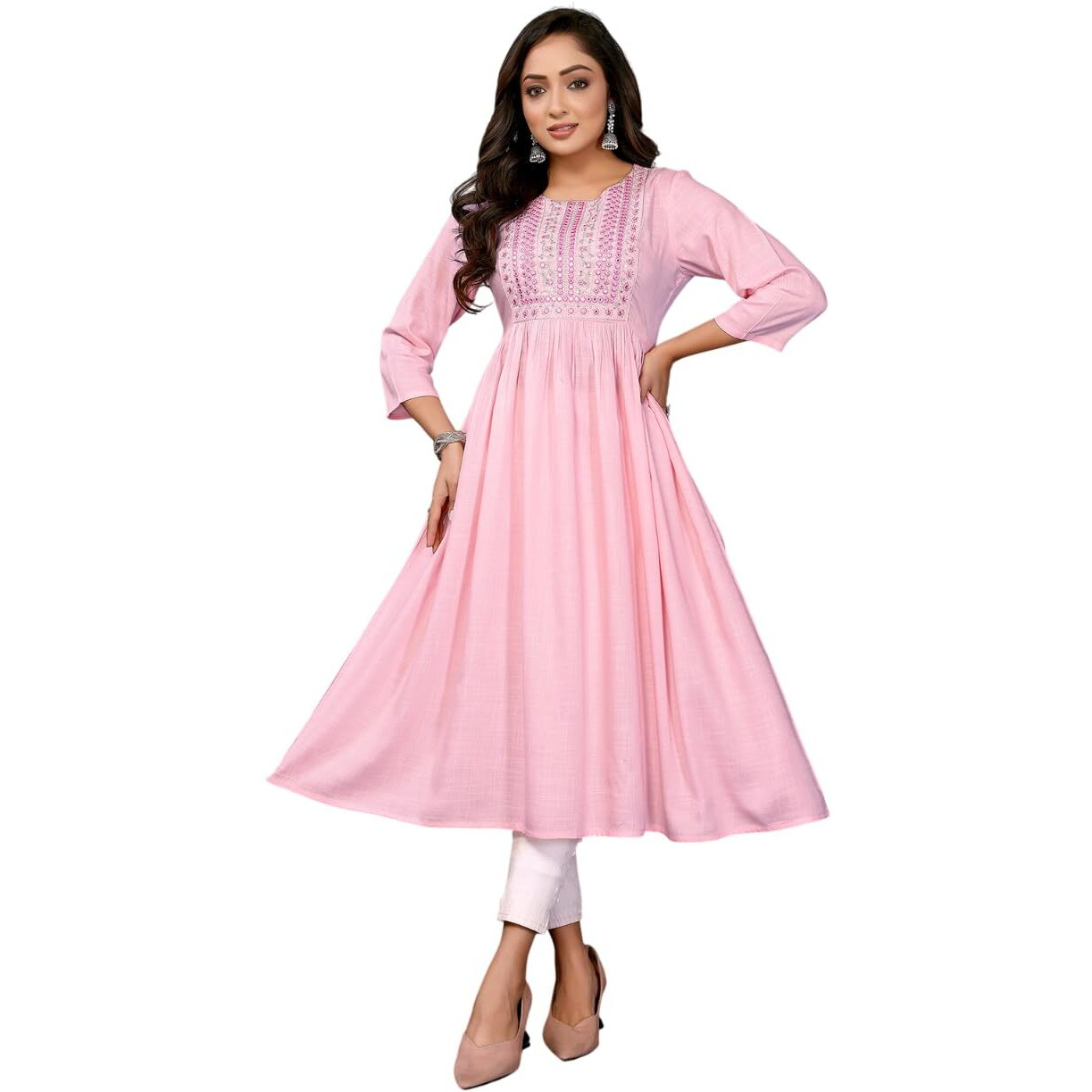 Rangita Pink Rayon Flared Embroidered Calf Length Kurti | Kurta For Women_Xl