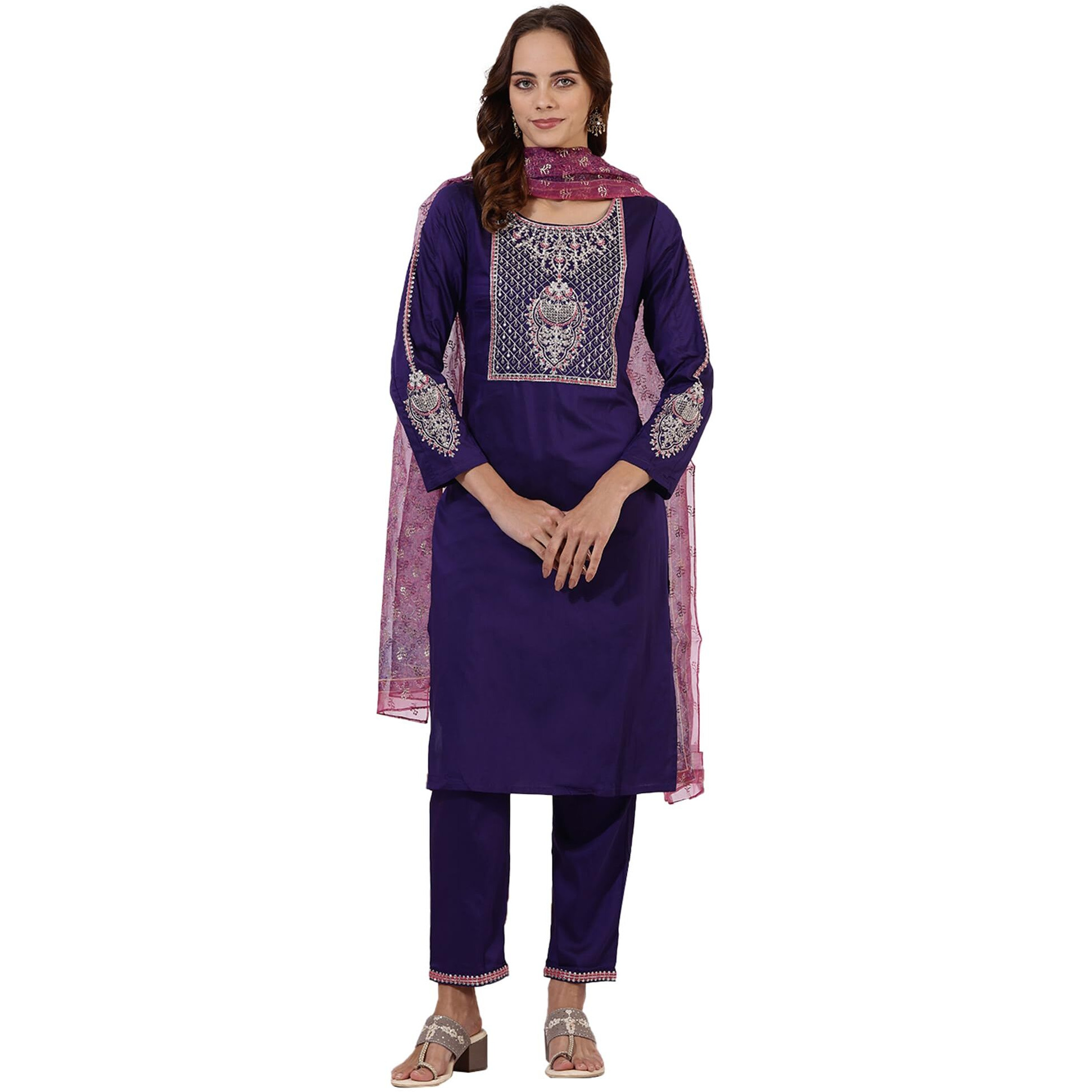 W Blue Flared Kurta, Straight Pant & Dupatta For Women (Size L)-24Auws11686-222458