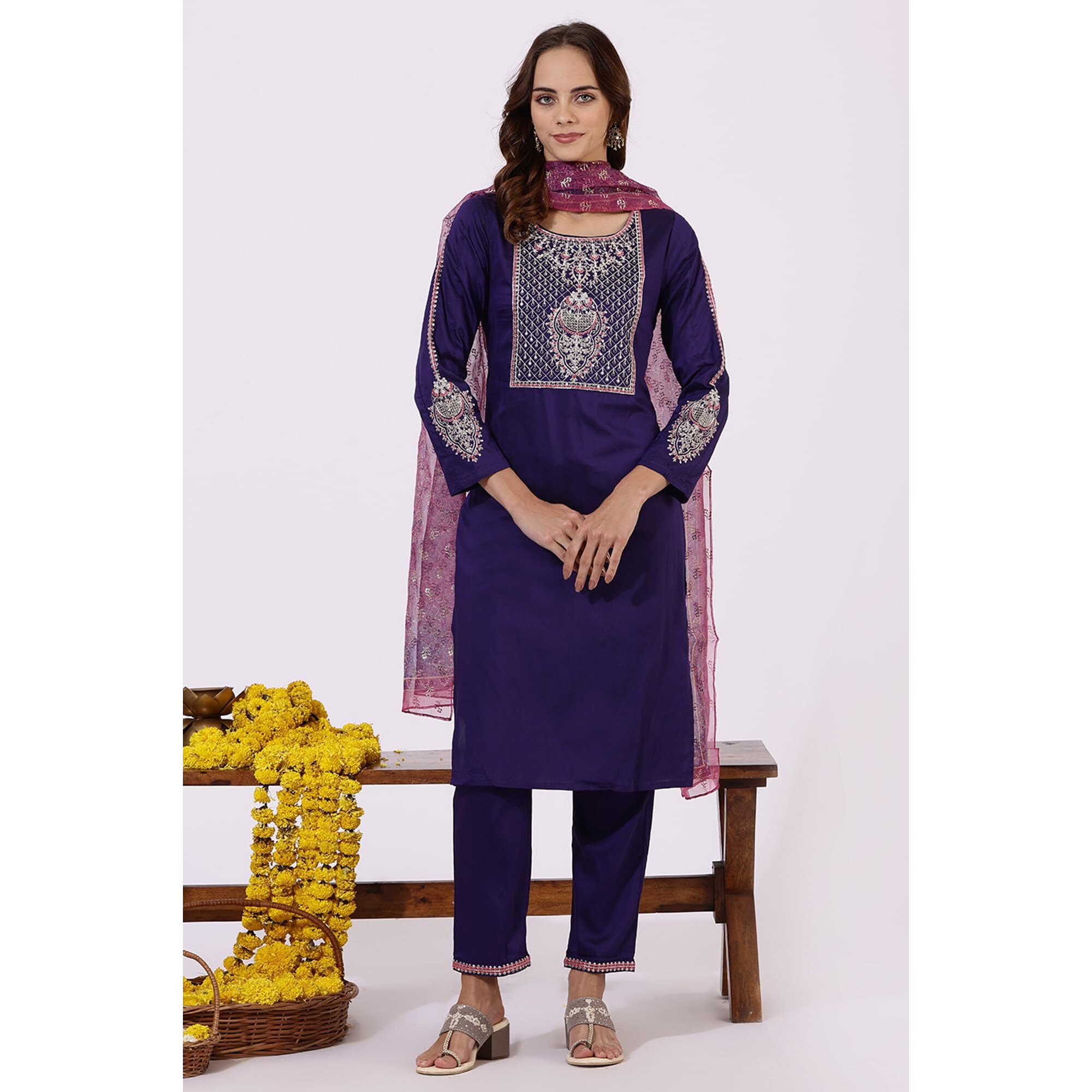 W Blue Flared Kurta, Straight Pant & Dupatta For Women (Size L)-24Auws11686-222458