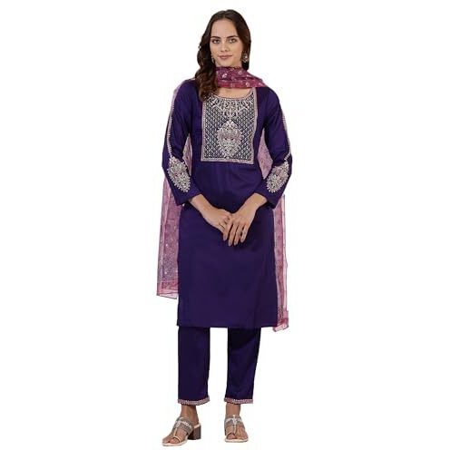 W Blue Flared Kurta, Straight Pant & Dupatta For Women (Size 3Xl)-24Auws11686-222458
