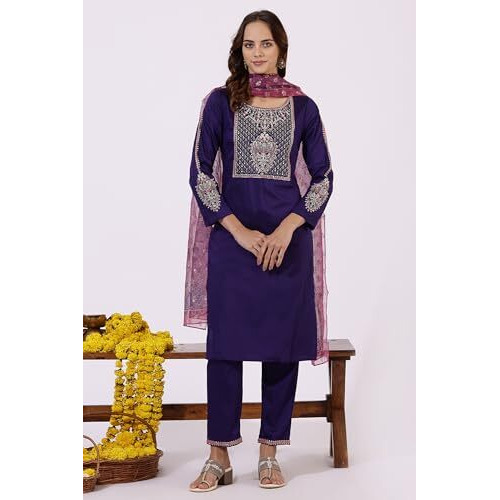 W Blue Flared Kurta, Straight Pant & Dupatta For Women (Size 3Xl)-24Auws11686-222458