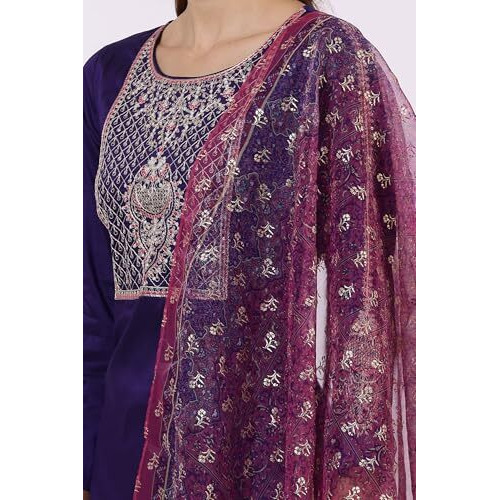 W Blue Flared Kurta, Straight Pant & Dupatta For Women (Size 3Xl)-24Auws11686-222458