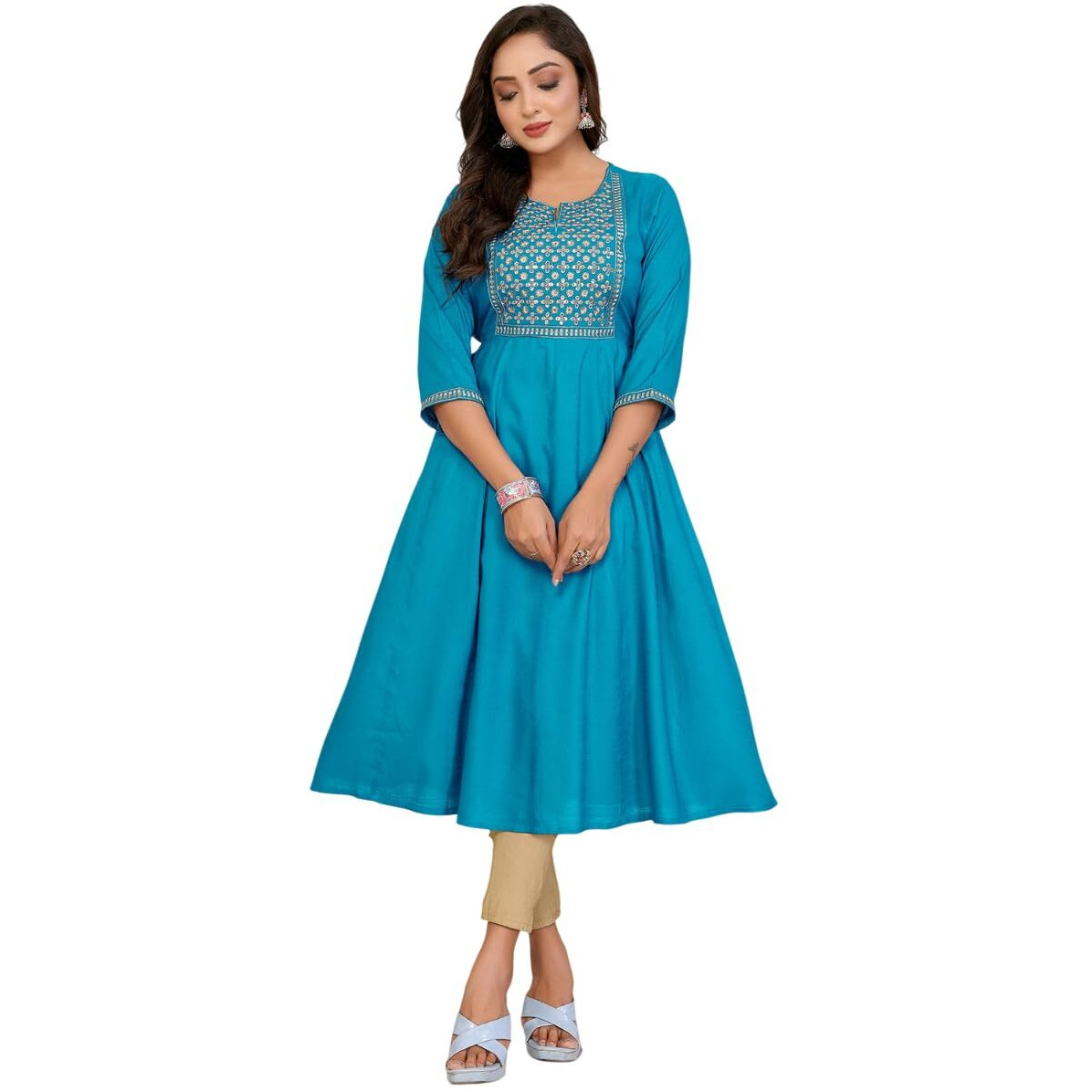 Rangita Turquoise Rayon Flared Embroidered Calf Length Kurti | Kurta For Women_L