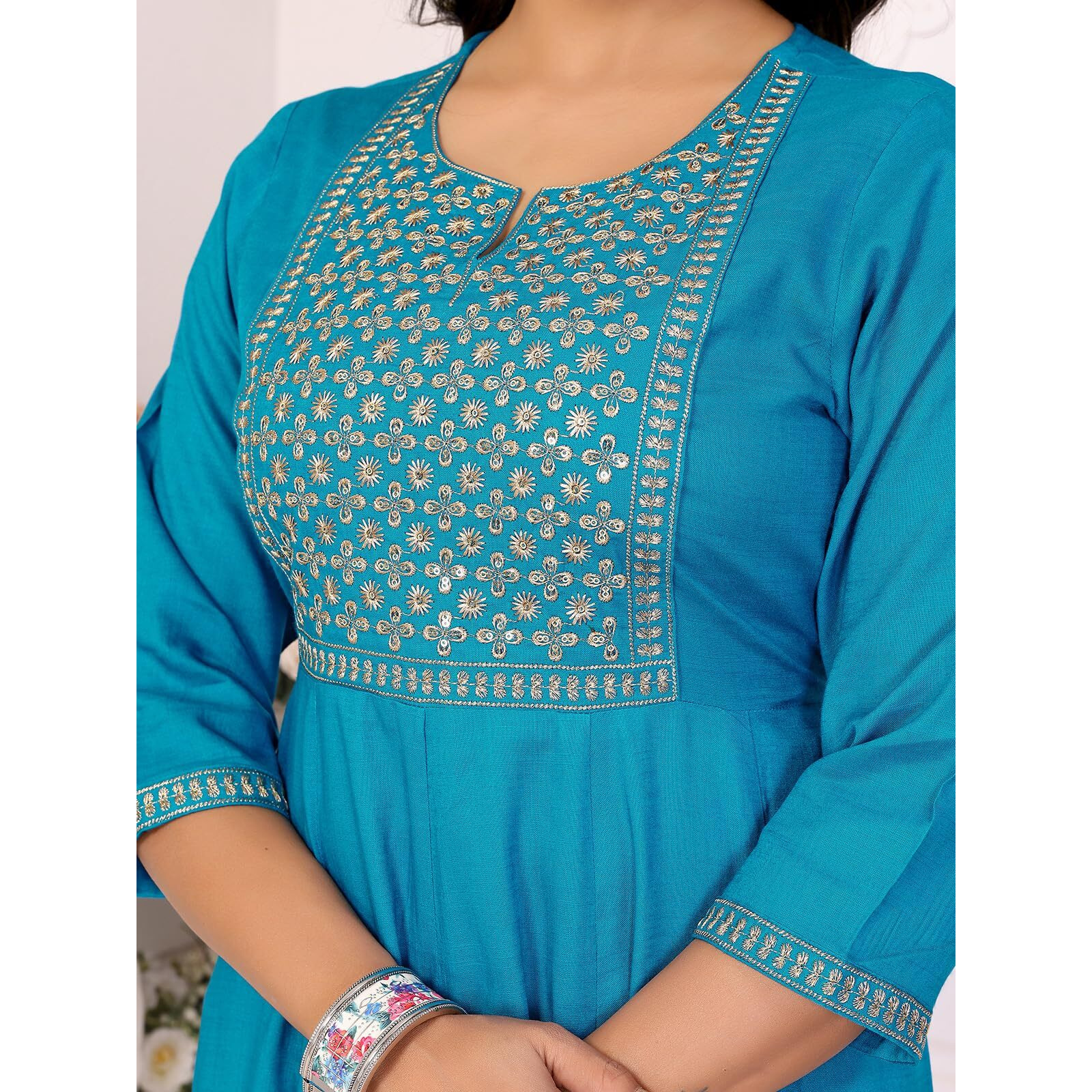 Rangita Turquoise Rayon Flared Embroidered Calf Length Kurti | Kurta For Women_L
