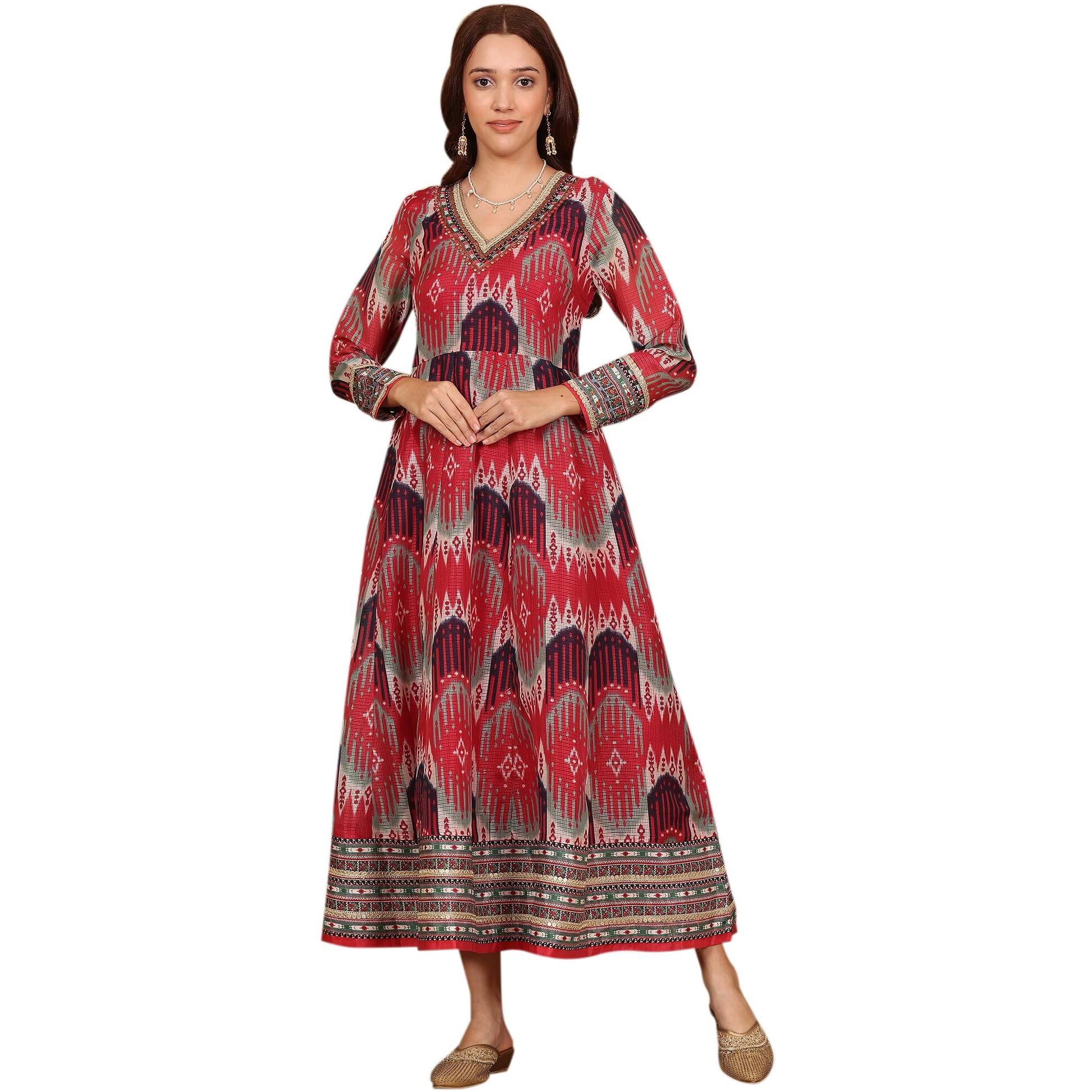 W For Woman Red And Multi-Coloured Ikkat Printed Flared Dress With Thread & Mirror Work (Size M)-24Auw11508-124572