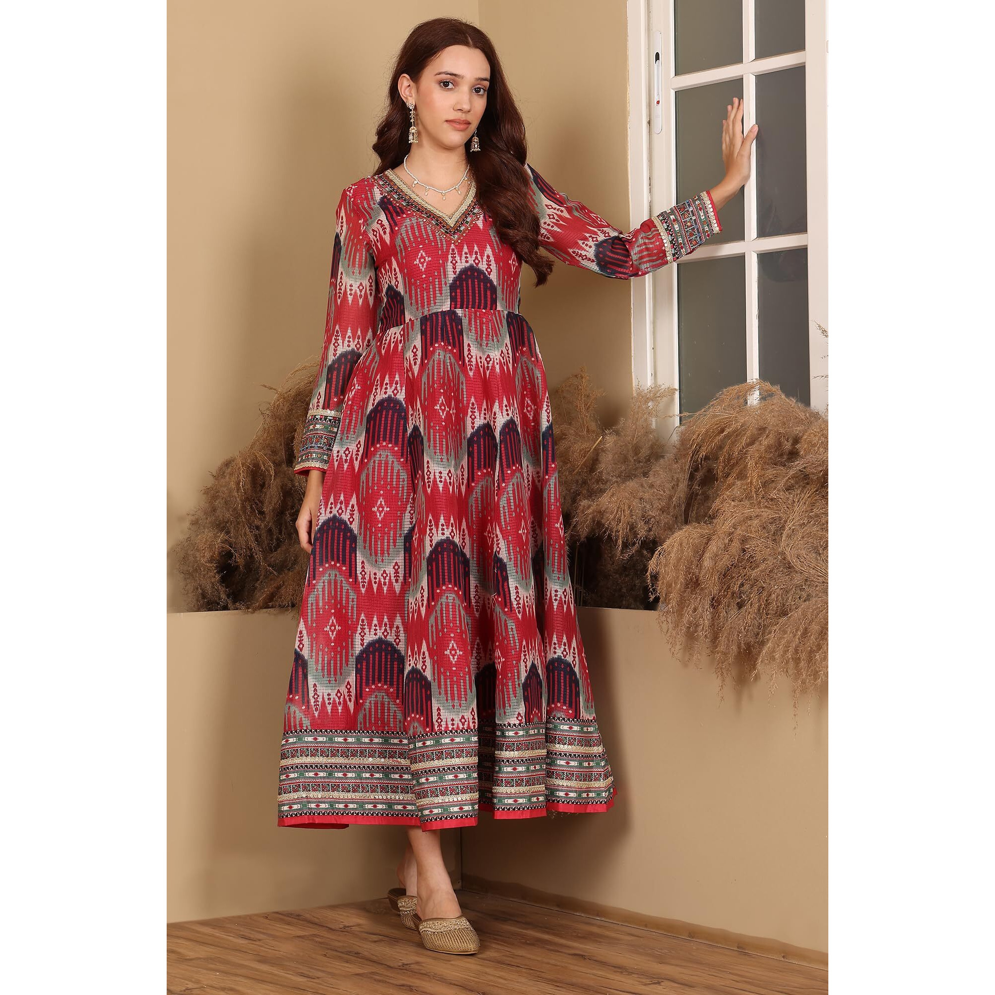 W For Woman Red And Multi-Coloured Ikkat Printed Flared Dress With Thread & Mirror Work (Size M)-24Auw11508-124572