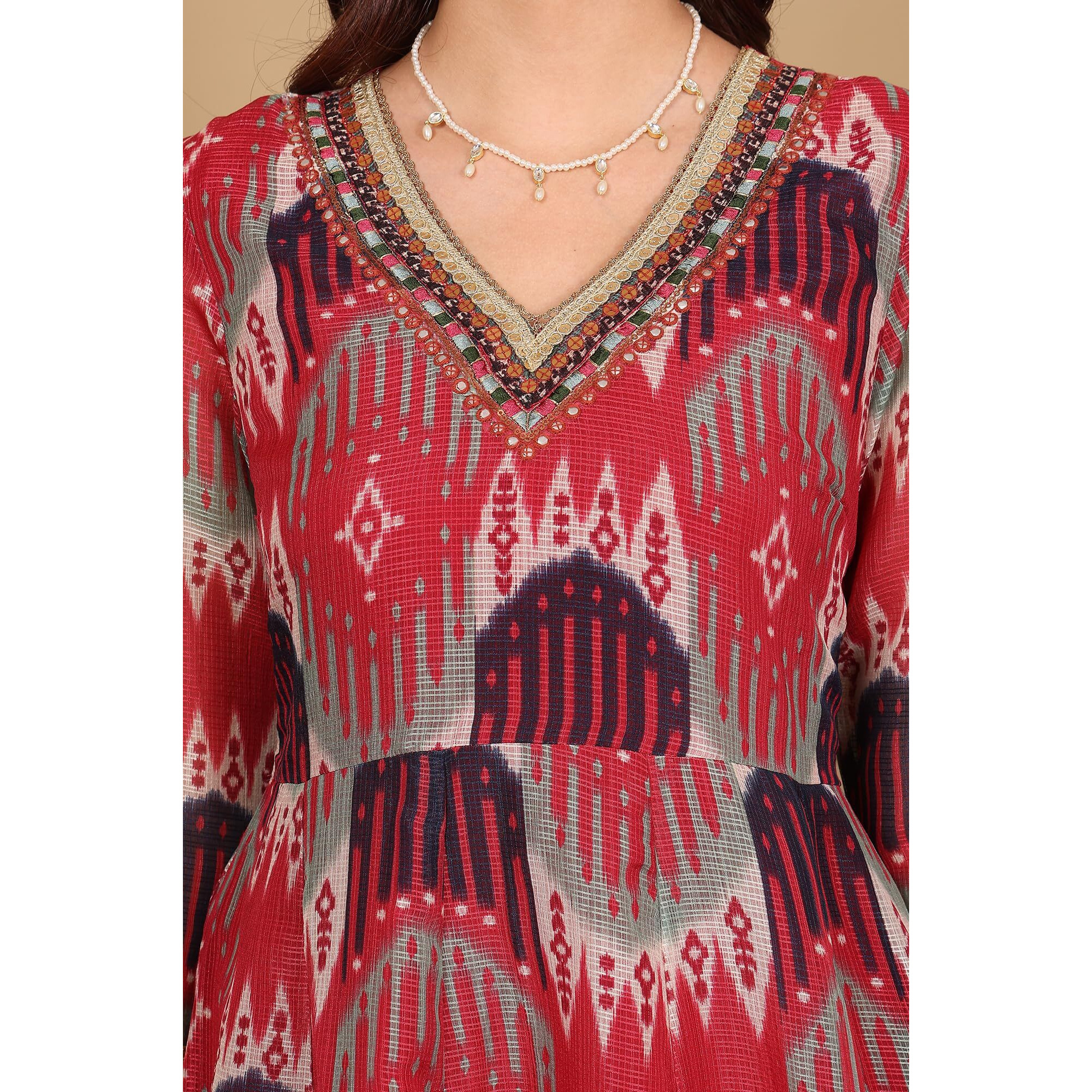 W For Woman Red And Multi-Coloured Ikkat Printed Flared Dress With Thread & Mirror Work (Size M)-24Auw11508-124572