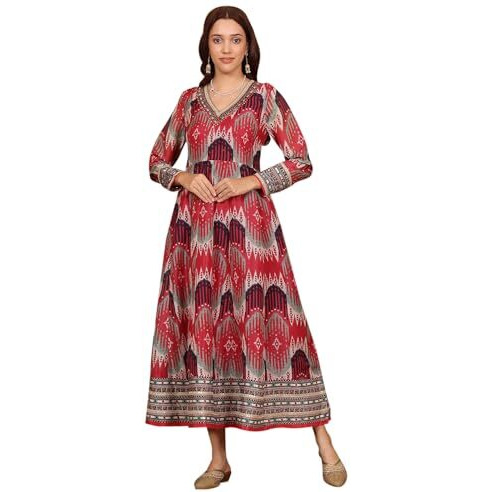 W For Woman Red And Multi-Coloured Ikkat Printed Flared Dress With Thread & Mirror Work (Size L)-24Auw11508-124572