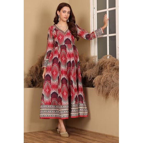 W For Woman Red And Multi-Coloured Ikkat Printed Flared Dress With Thread & Mirror Work (Size L)-24Auw11508-124572