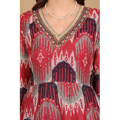 W For Woman Red And Multi-Coloured Ikkat Printed Flared Dress With Thread & Mirror Work (Size L)-24Auw11508-124572