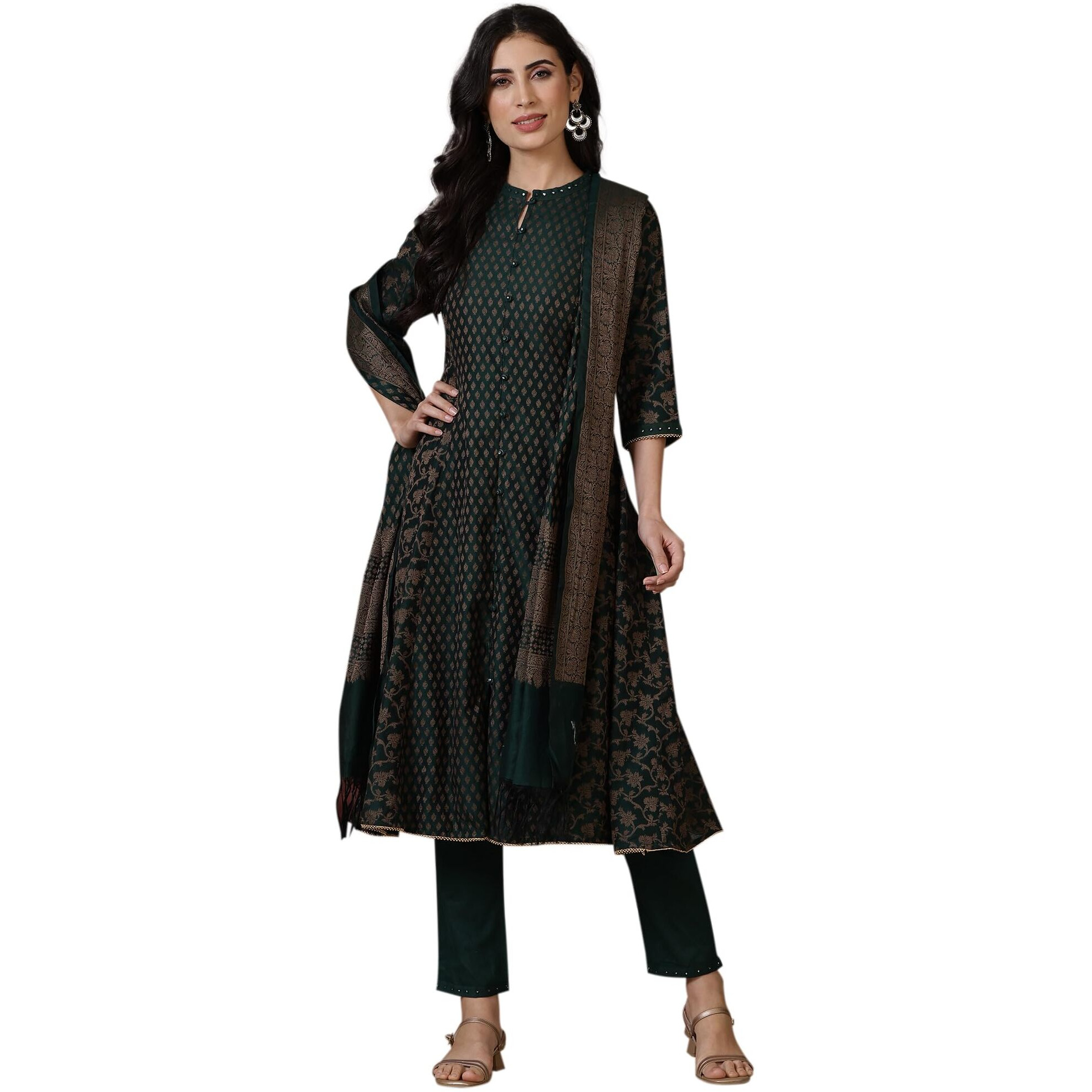Aurelia Green Yarn-Dyed Embroidered Cotton Blend Anarkali Kurta, Trousers And Dupatta Set (Size S)-24Auas15369-705331