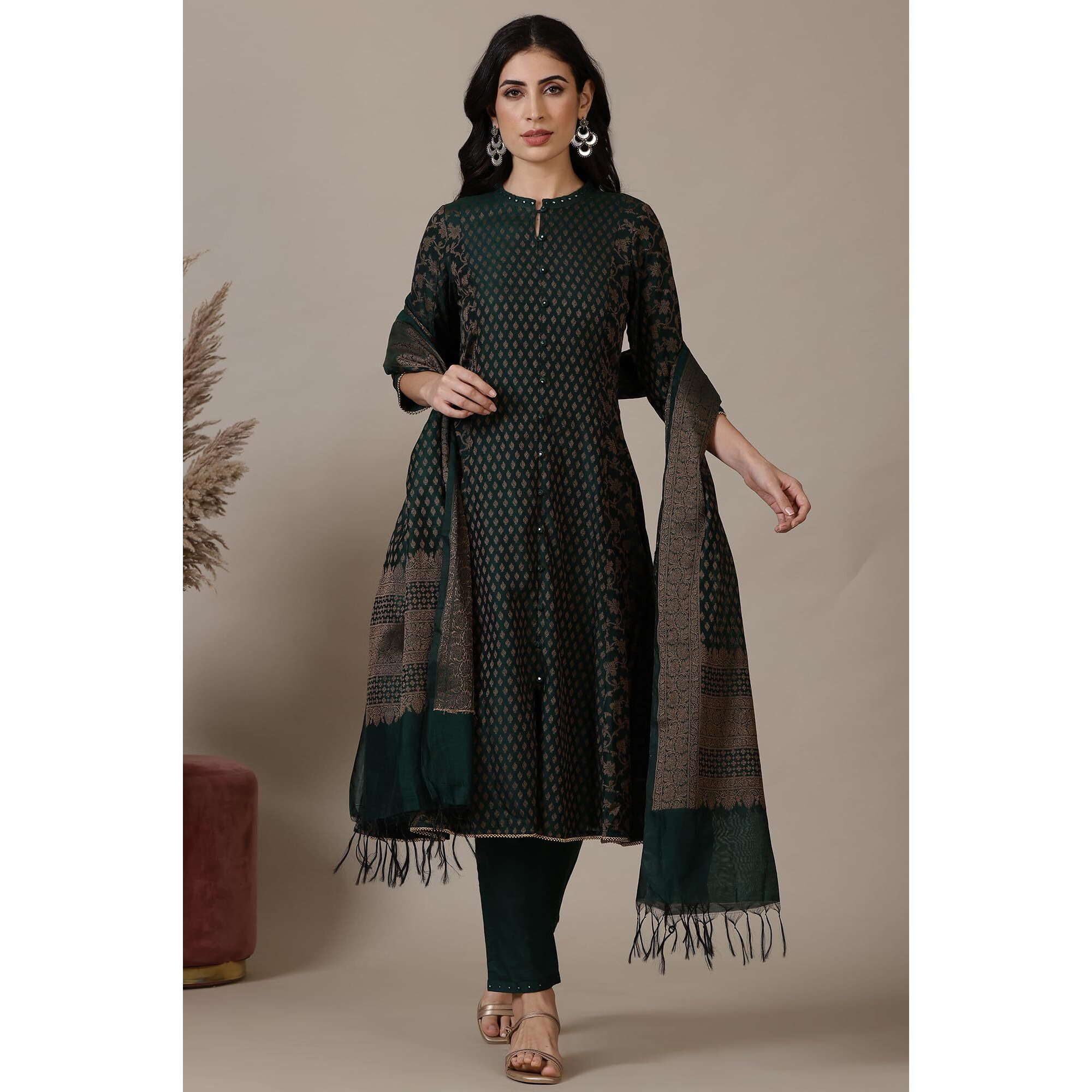 Aurelia Green Yarn-Dyed Embroidered Cotton Blend Anarkali Kurta, Trousers And Dupatta Set (Size S)-24Auas15369-705331