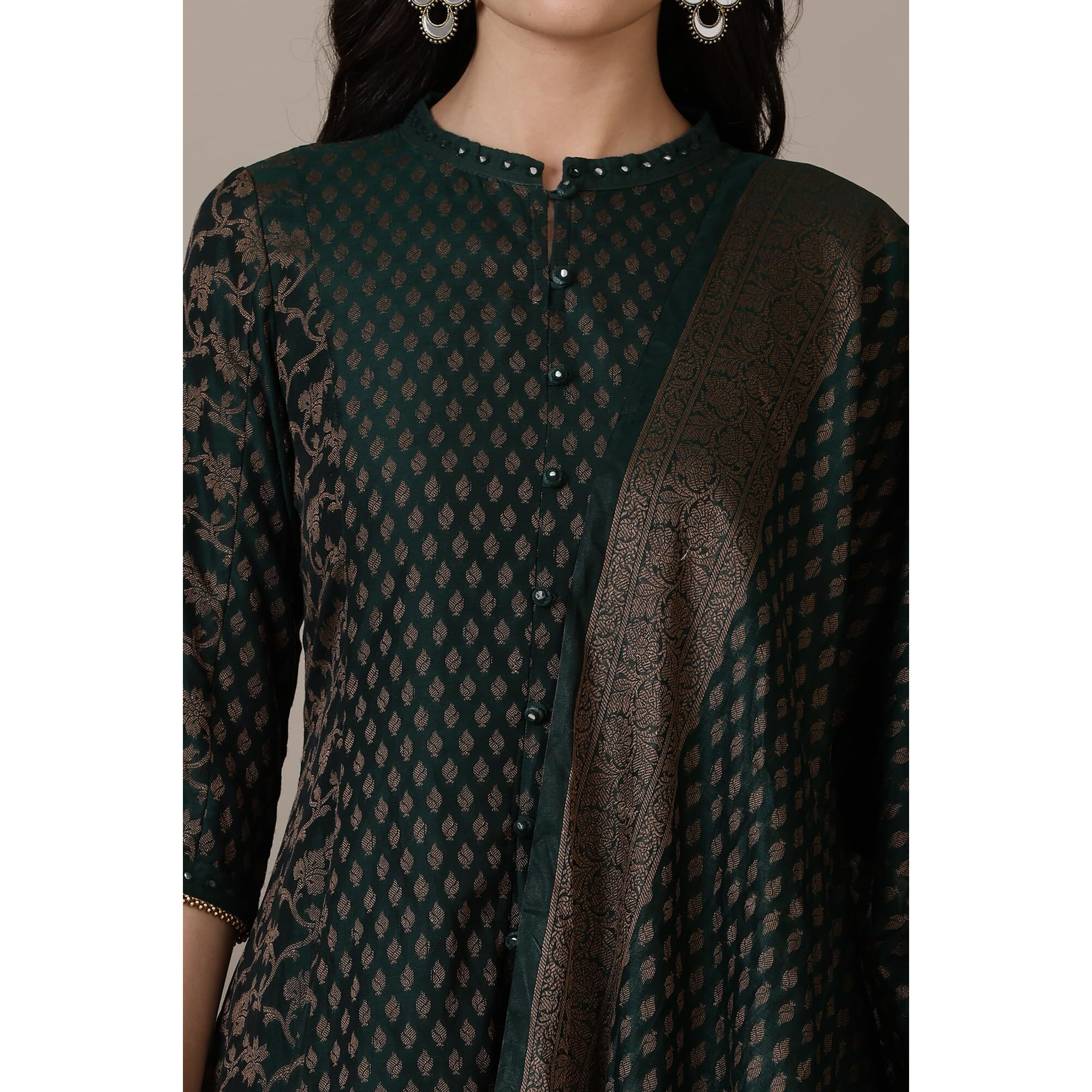 Aurelia Green Yarn-Dyed Embroidered Cotton Blend Anarkali Kurta, Trousers And Dupatta Set (Size S)-24Auas15369-705331