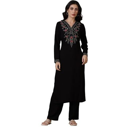 Aurelia Black Solid Acrylic Straight Kurta & Palazzo For Women (Size 2Xl)-24Noas15385-607623