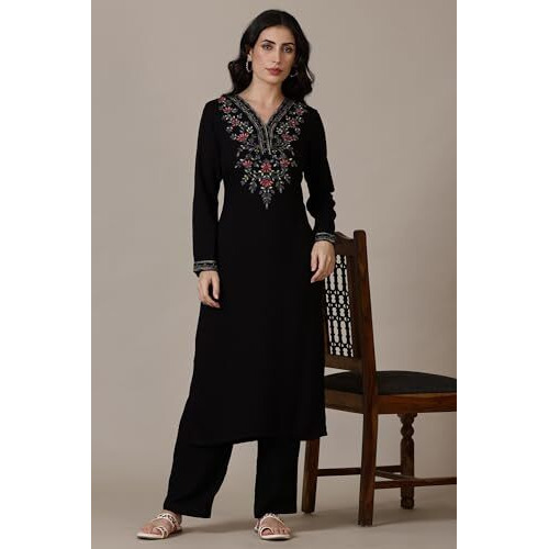 Aurelia Black Solid Acrylic Straight Kurta & Palazzo For Women (Size 2Xl)-24Noas15385-607623