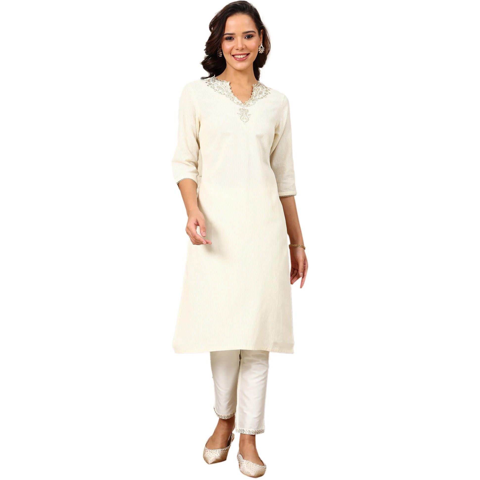 W For Woman White Yarn-Dyed Embroidered Cotton Flax Straight Kurta With Lurex Stripes_24Auw11781-314080_L