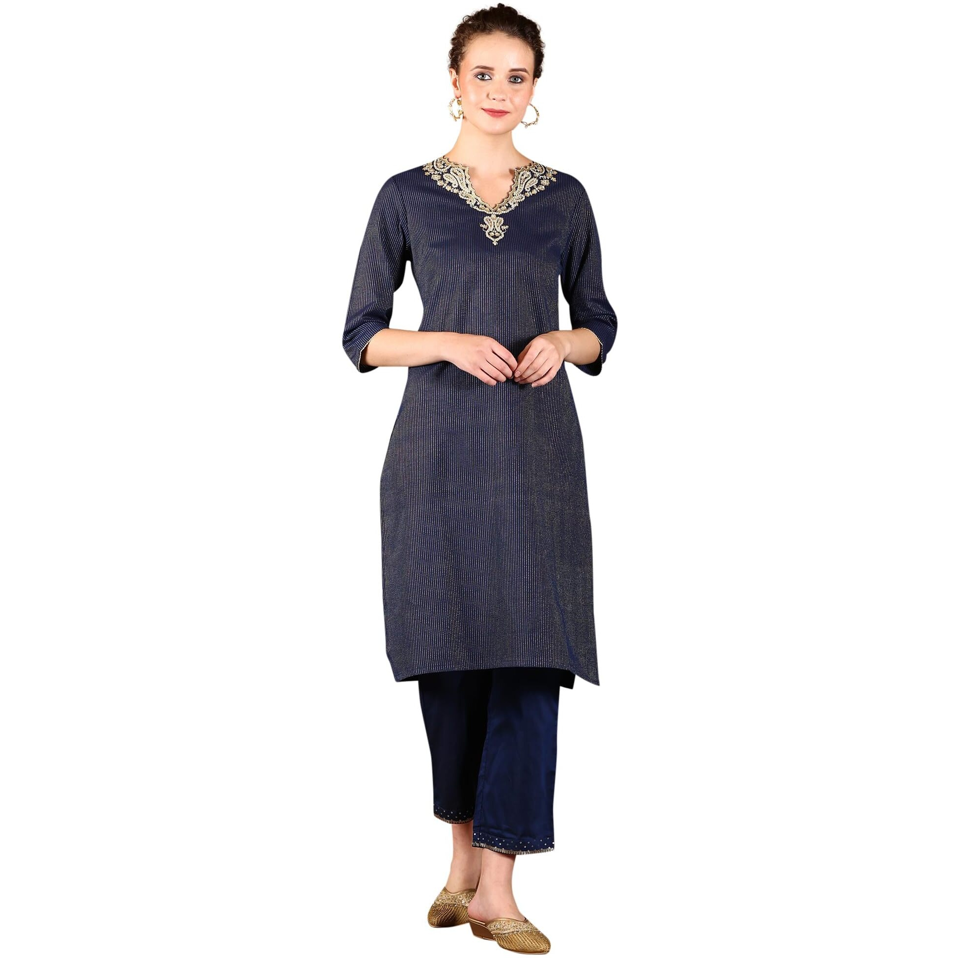 W For Woman Blue Cotton Lurex Festive Kurta With Embroidered Neckine (Size L)-24Auw11781-314056
