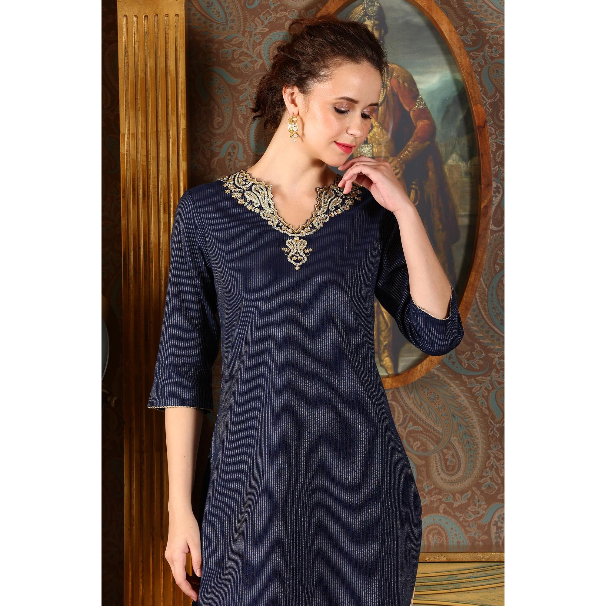 W For Woman Blue Cotton Lurex Festive Kurta With Embroidered Neckine (Size L)-24Auw11781-314056