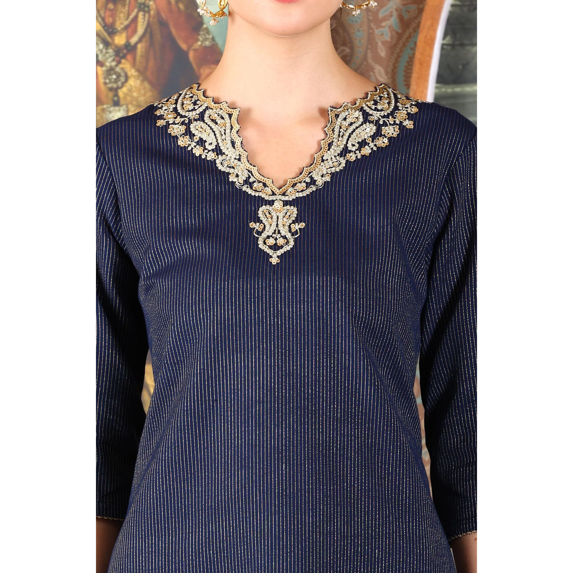 W For Woman Blue Cotton Lurex Festive Kurta With Embroidered Neckine (Size L)-24Auw11781-314056