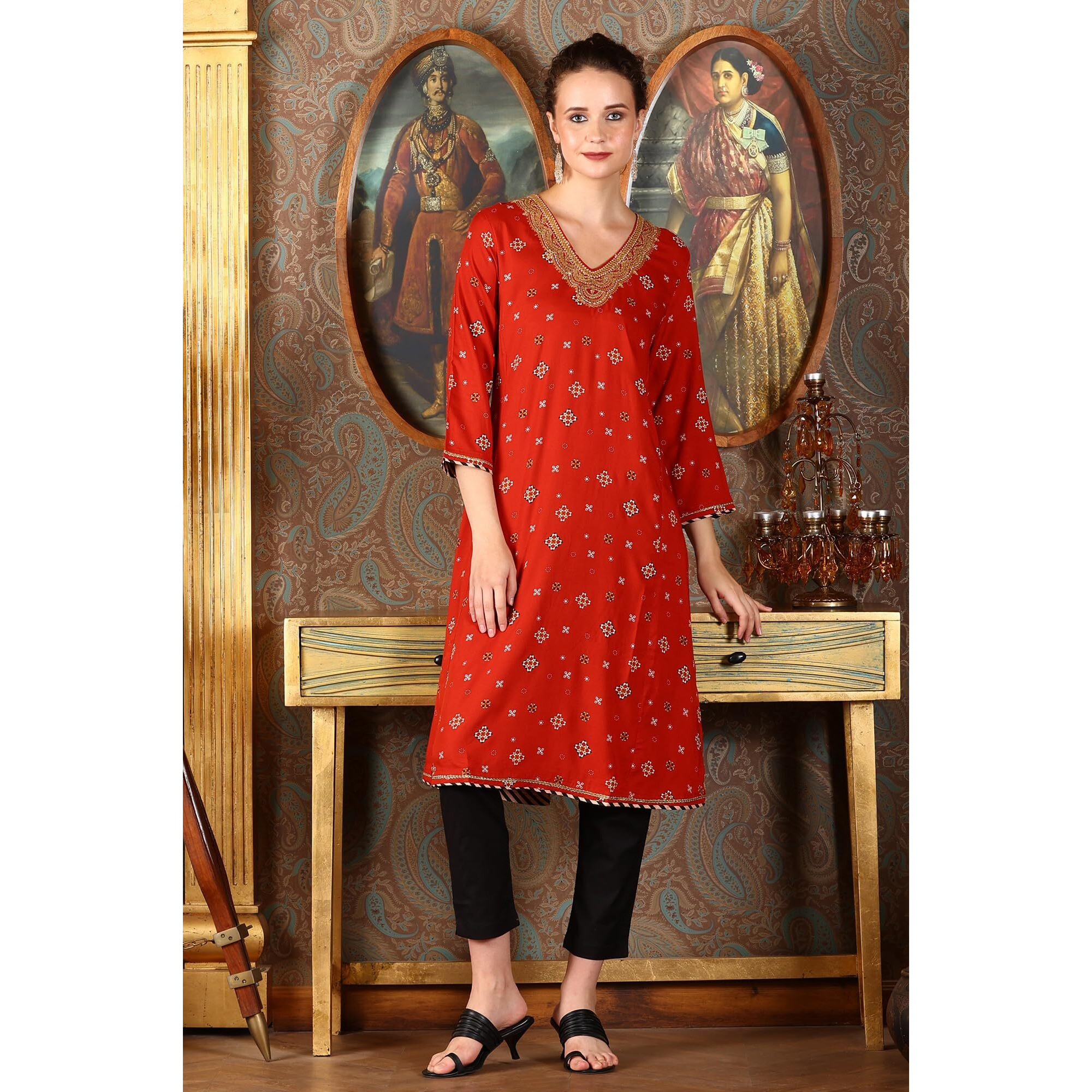 W For Woman Ceramic Red Printed Straight Rayon Kurta With Metallic Embroidery On Neck (Size Xs)-24Auw12003-125050