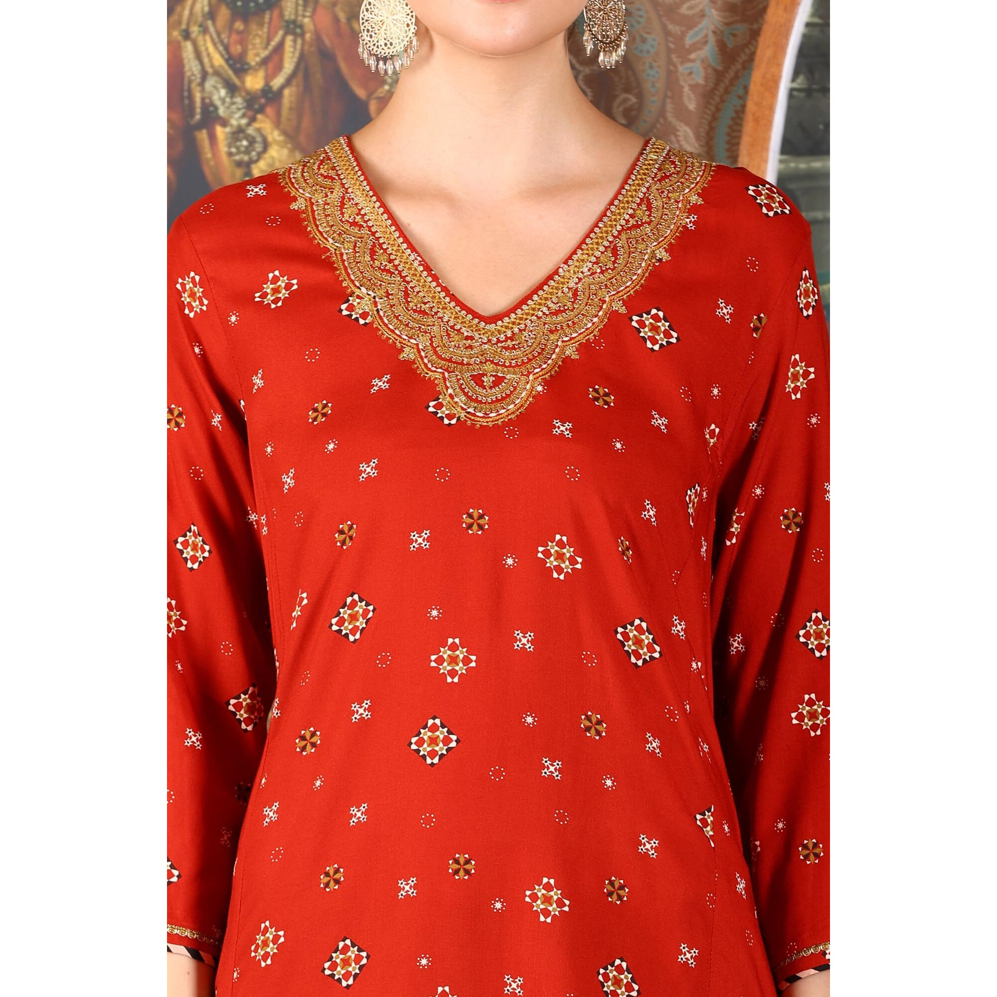 W For Woman Ceramic Red Printed Straight Rayon Kurta With Metallic Embroidery On Neck (Size Xs)-24Auw12003-125050